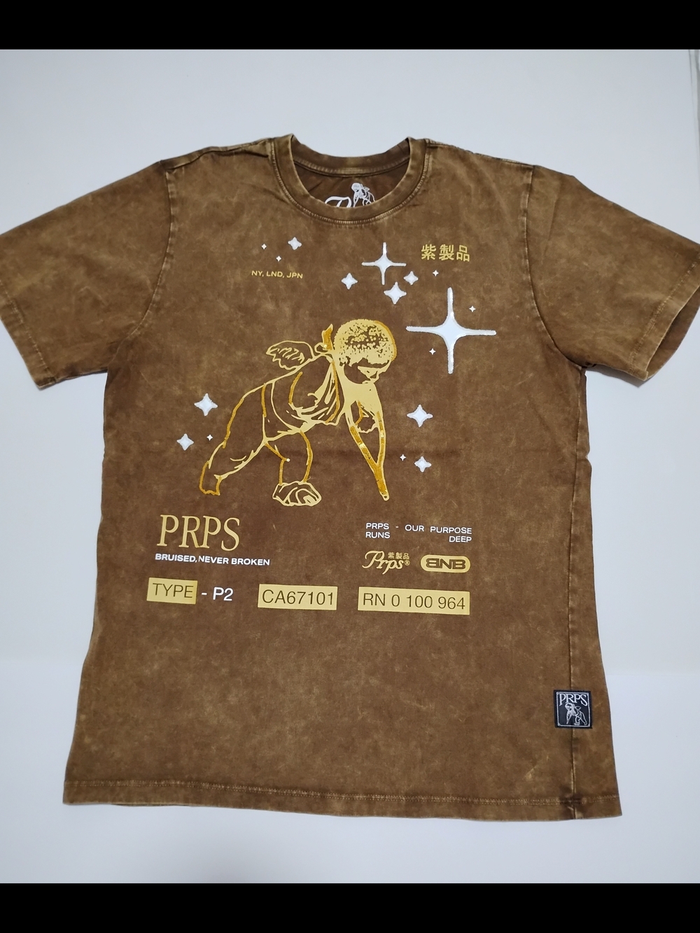 PRPS Brown Graphic Tee with Gold Angel Print